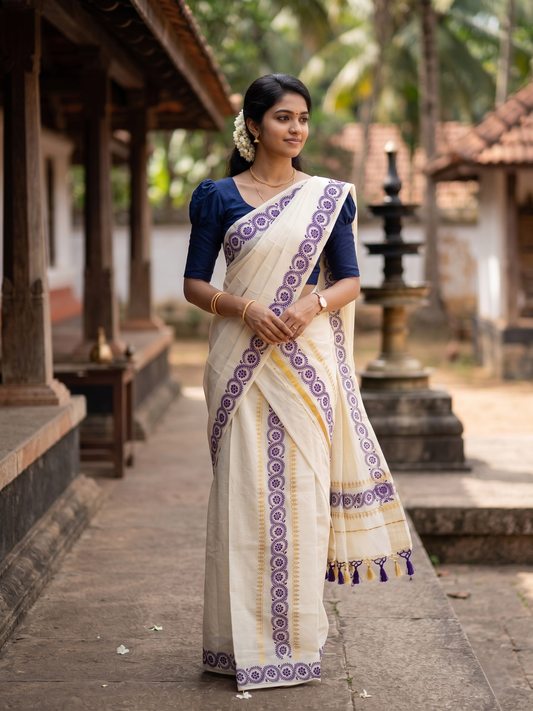 Southloom Cotton Single Set Mundu (Mundu Neriyathum) Voilet and Golden Printed Border With Tussles in 2.80 Mtrs