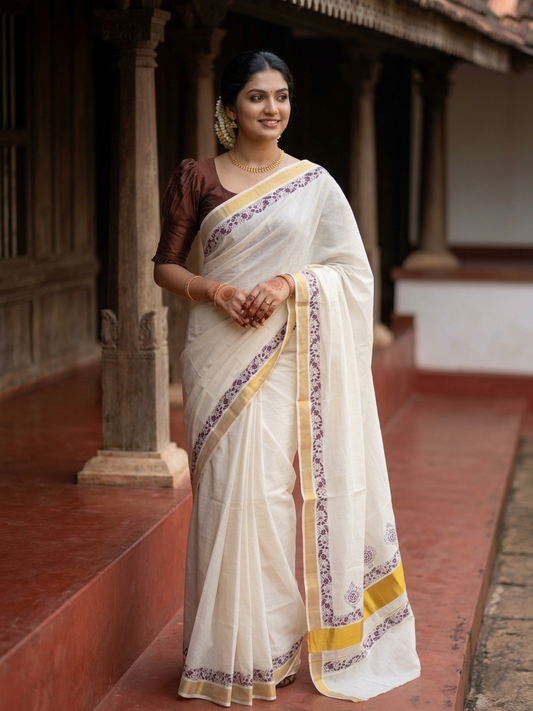 Southloom Cotton Kerala Kasavu Saree with Brown Block Prints On Border