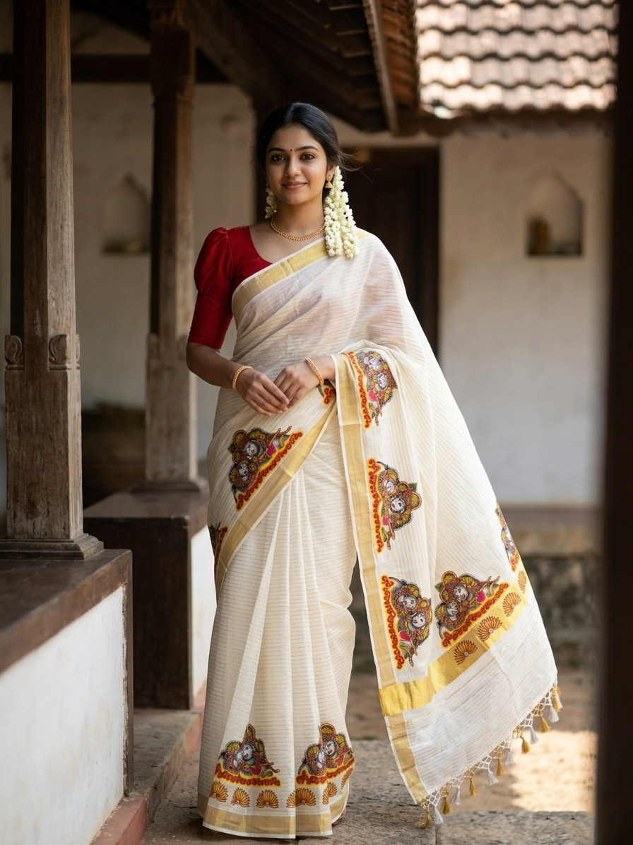 Southloom Pure Cotton Kerala Kasavu Lines Saree with Krishna Radha Mural Printed Art Design and Printed Border