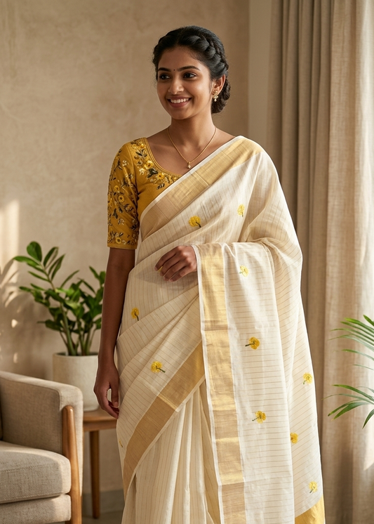 Kerala Cotton Lines Saree With Yellow Floral Embroidery SLfloral