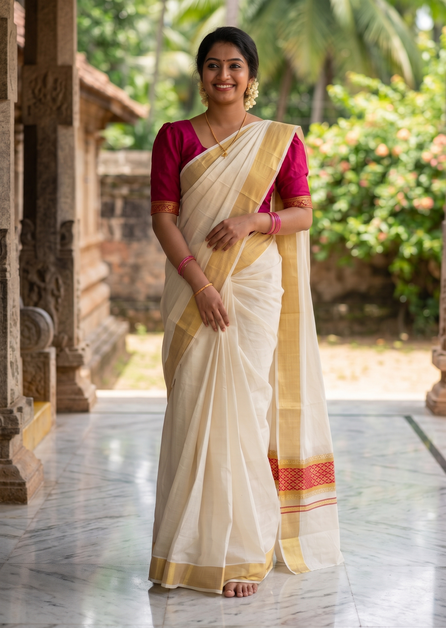 Southloom Kerala Cotton Saree (Rani Pink) SL452