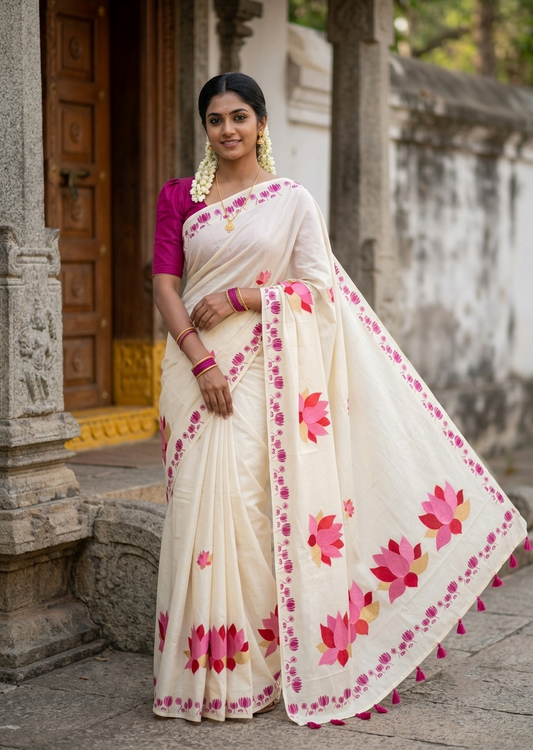 Southloom Kerala Cotton Pink Lotus Embroidery Design on the Body With Pink Tussles SL550