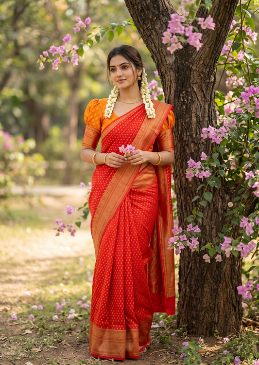 Southloom Munga Silk Saree with Woven Work on Body and Borders (Orange)