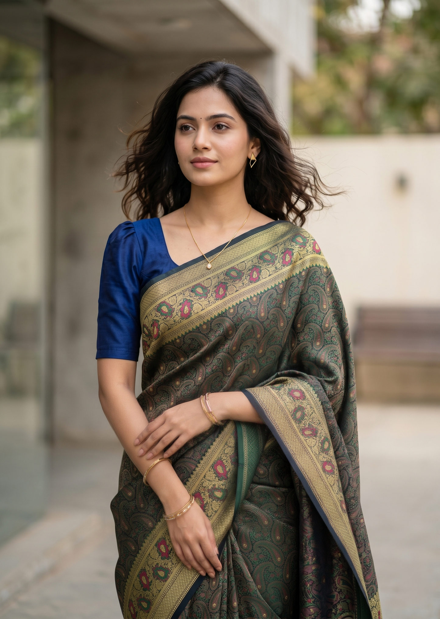 Southloom Resham Work Soft Cotton Banarasi Saree with Woven Work on Body and Borders (Blue)