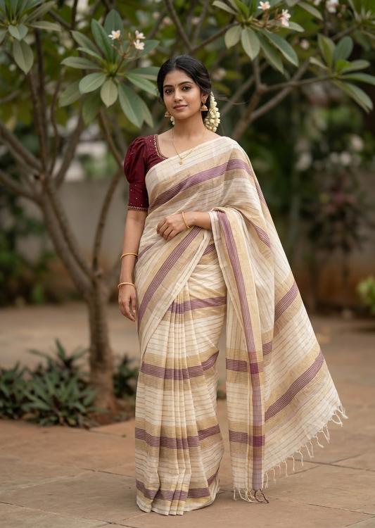 Southloom Super Premium Balaramapuram Handloom Cotton Gold And Maroon Lines On Body SL628