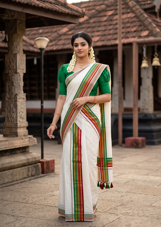 Southloom Kerala Cotton Single Set Mundu (Mundum Neriyathum) with Kasavu In Maroon & Green With Tussles SLKK SL518
