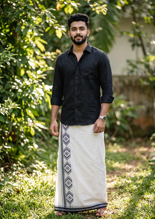 Southloom White Black Printed Single Mundu / Otta Mundu / Lungi (South Indian Kerala Dhoti) SL622