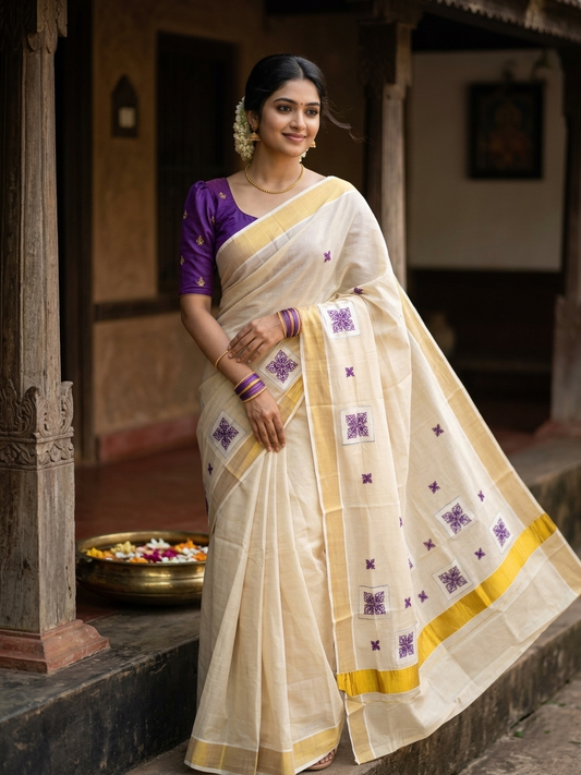 Southloom Kerala Tissue Kasavu Saree with Violet Appliq Work