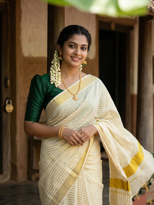 Southloom Kerala Cotton Kasavu Saree with Stripes on Body in Green SL328
