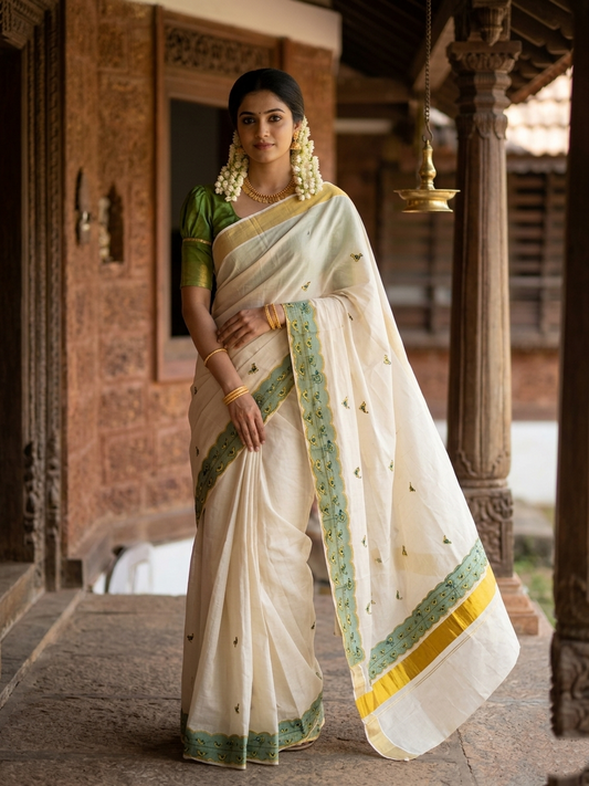 Southloom Tissue Kerala Kasavu Saree with Embroidery Design