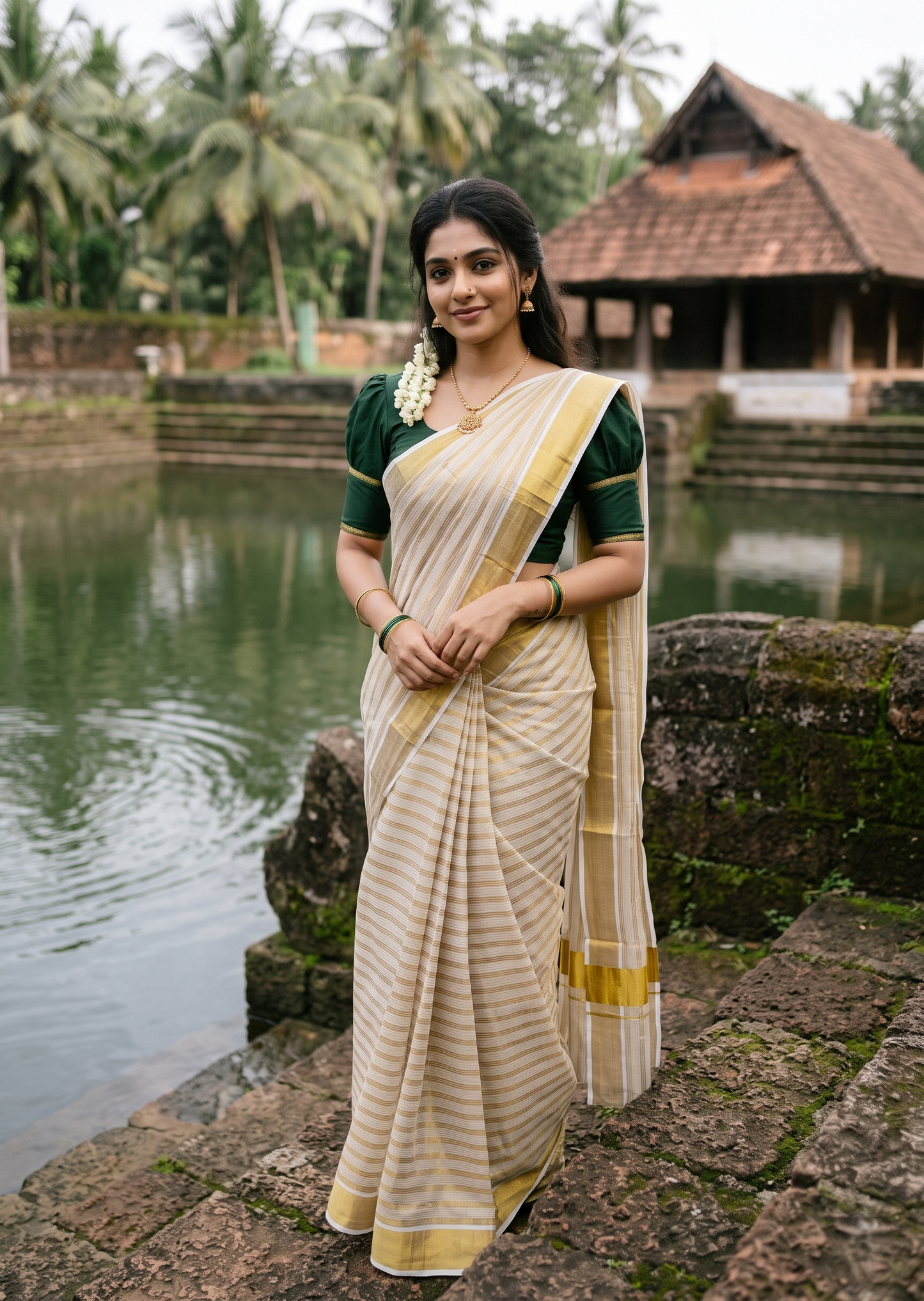 Southloom Kerala Tissue Kasavu Saree with Lines on Body