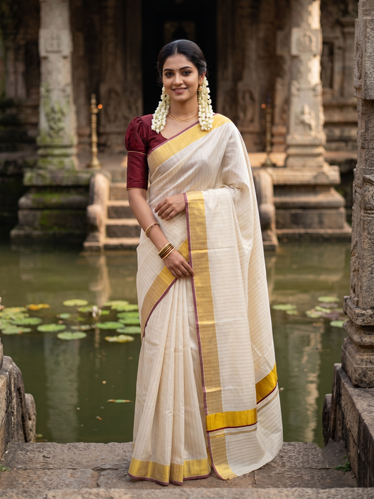 Southloom Kerala Tissue Kasavu Saree with Stripes on Body In Maroon Border