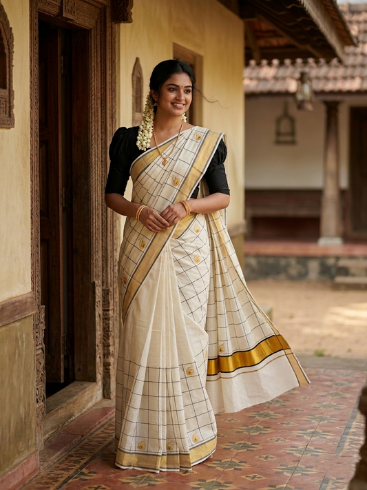 Southloom Cotton Kerala Kasavu Check Saree with Peacock Feather Embroidery Design in Black