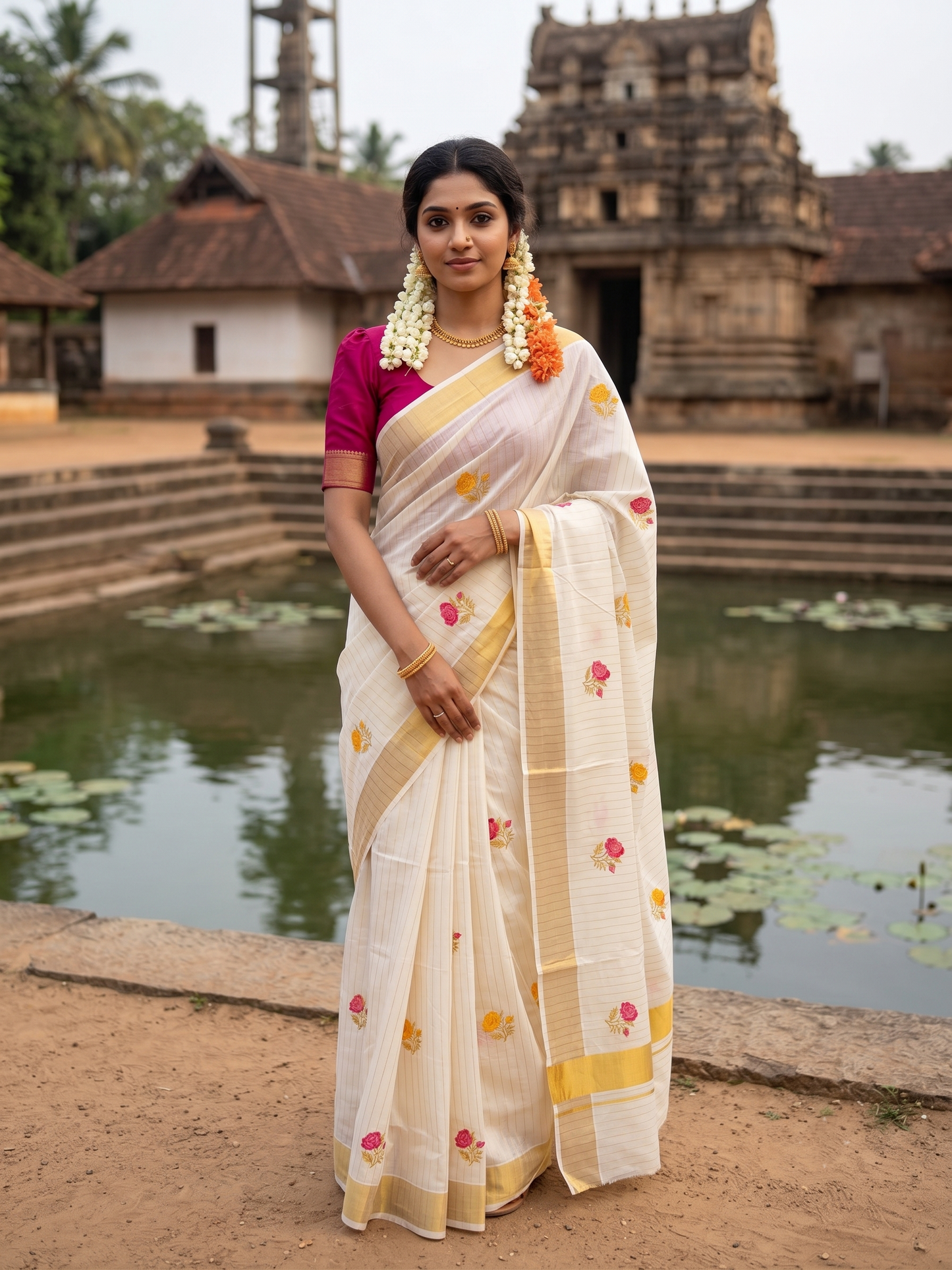 Southloom Kerala Cotton Kasavu Line Saree with Pink&Yellow Floral Embroidery Works