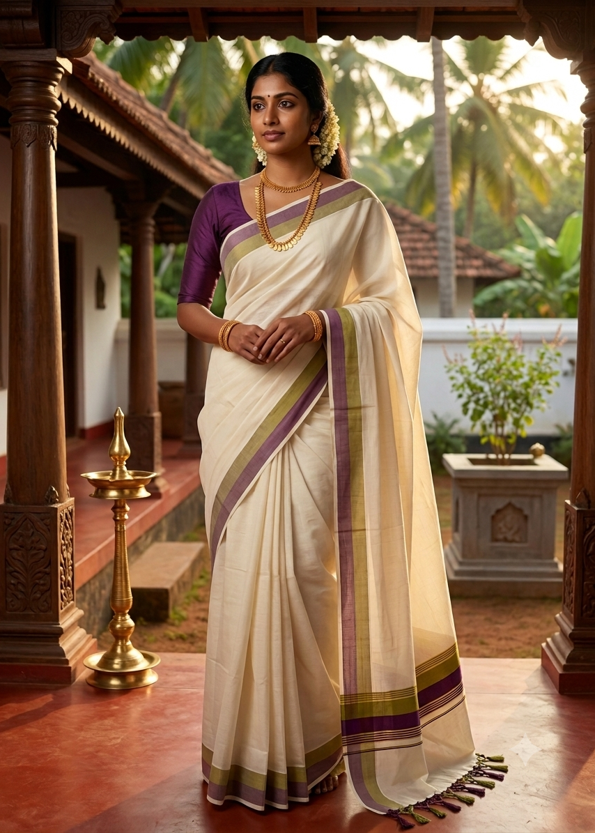 Kerala Cotton Kasavu Saree With olive Green And Purple Borders SL498