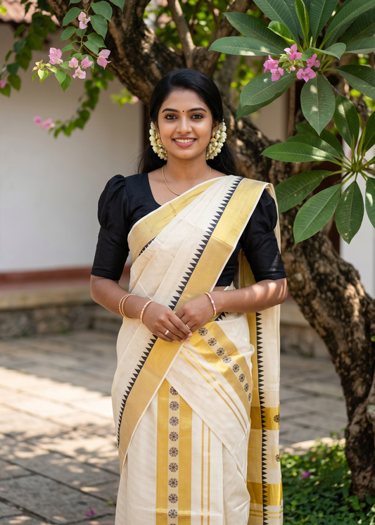 Southloom Pure Cotton Set Mundu with Gold Kasavu Micro Check Across Body in Black SL398