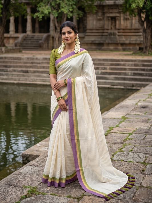 Southloom Cotton Kerala Kasavu Saree with Stripes on Body and Purple &Olive Green Border with Tussels SL492