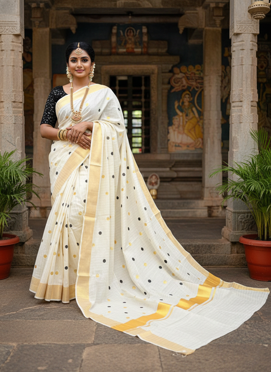 Southloom Kerala Pure Cotton Saree with Gold & Black Polka Embroidery Works on Body