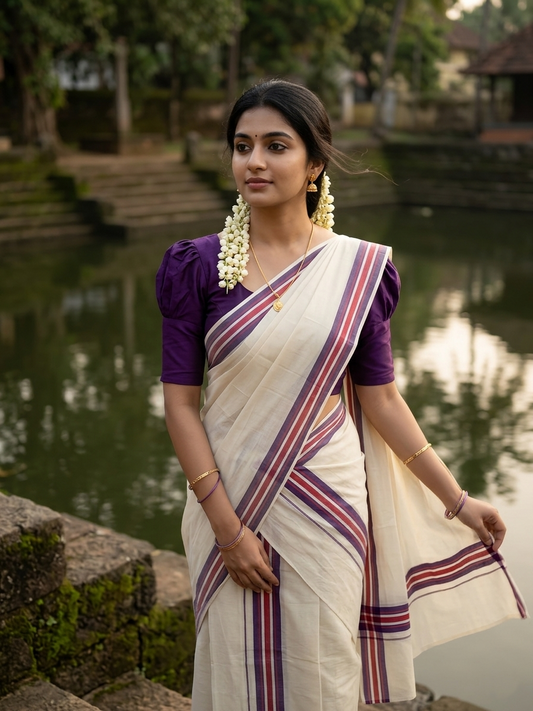 Southloom Pure Cotton Kerala Single Mulloth Set Mundu (Mundum Neriyathum) Lavender And Red Border in 2.80 mtrs SL243