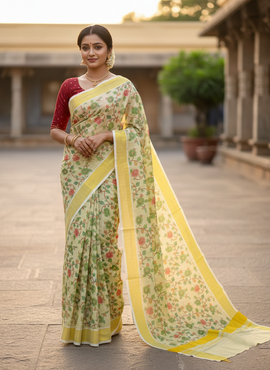 Kerala Tissue Kasavu Check Saree with Green Floral Kalamkari Design