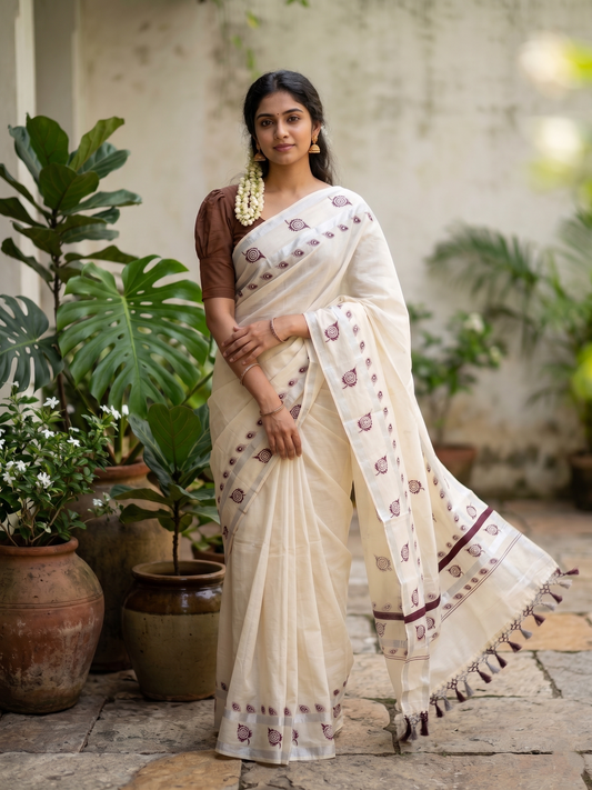 Southloom Kerala Cotton Silver Kasavu Saree with Peacock Feather and Leaf Printed Designs