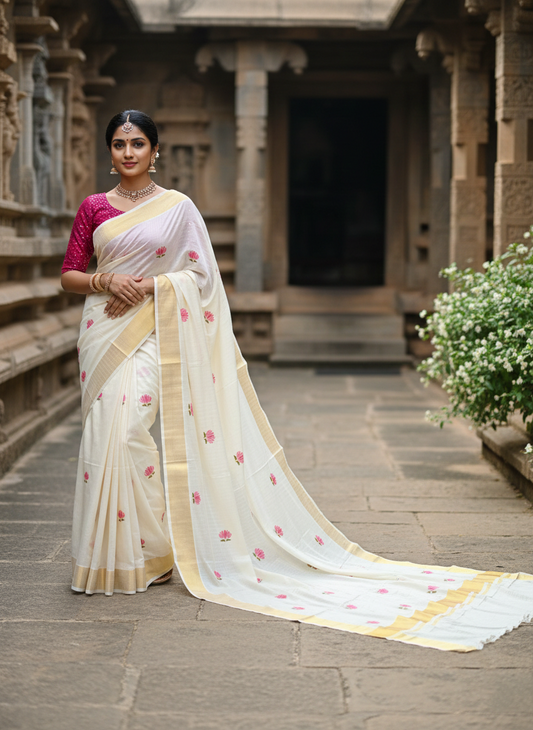 Southloom Kerala Cotton Kasavu Line Saree with Pink Lotus Embroidery Works