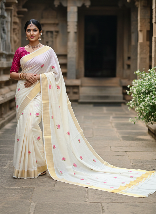 Southloom Kerala Cotton Kasavu Line Saree with Pink Lotus Embroidery Works
