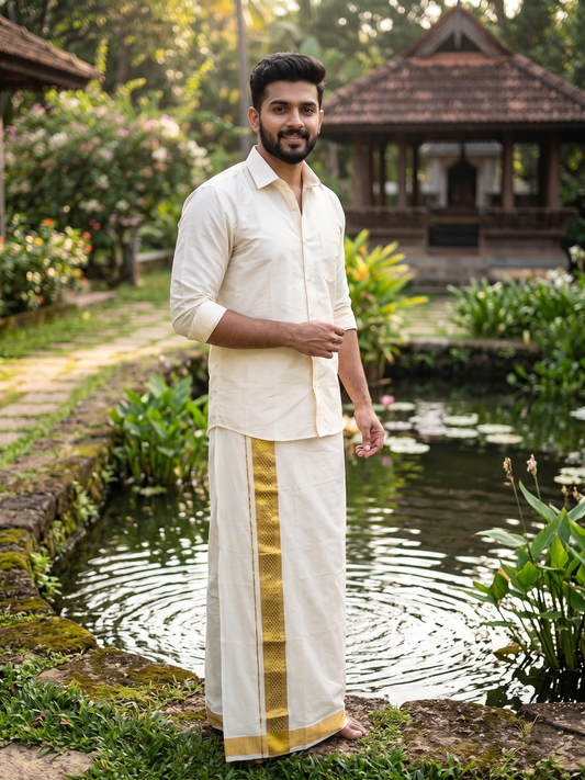 Southloom Premium Handloom Cotton Double Mundu with Gold Kasavu Border