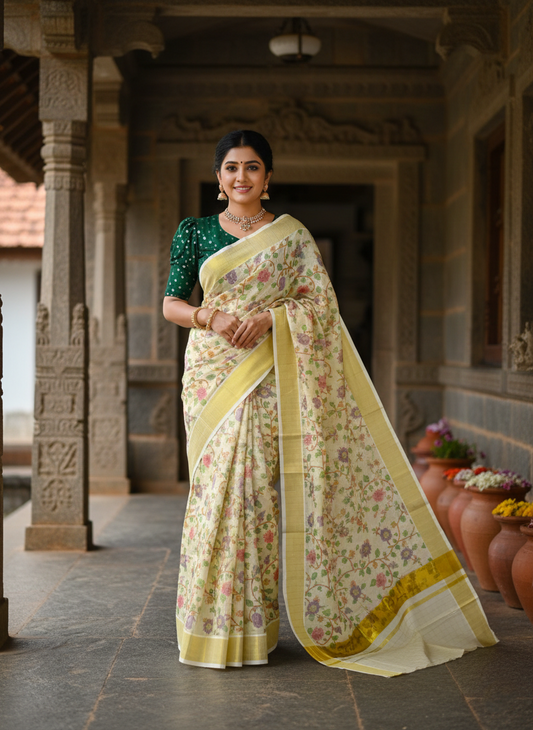 Kerala Tissue Kasavu Check Saree with Violet Floral Kalamkari Design