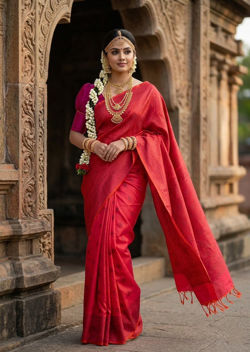 Southloom Pure Handloom Kanchipuram Silk Saree with Korvai Work (Magenta)
