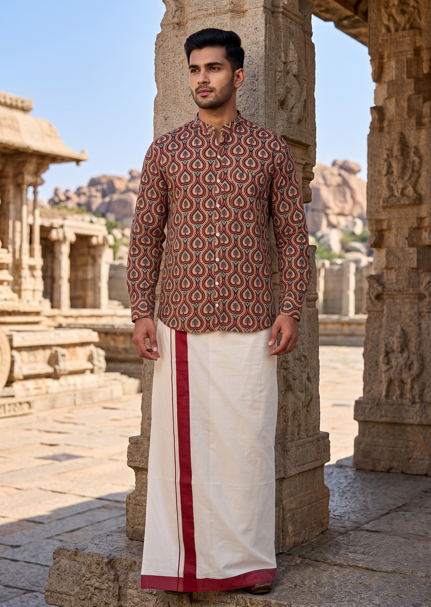 Southloom Cotton Jaipur Printed Men's Combo Full Sleeve (Shirt + Mundu) SLCOMBO SL564