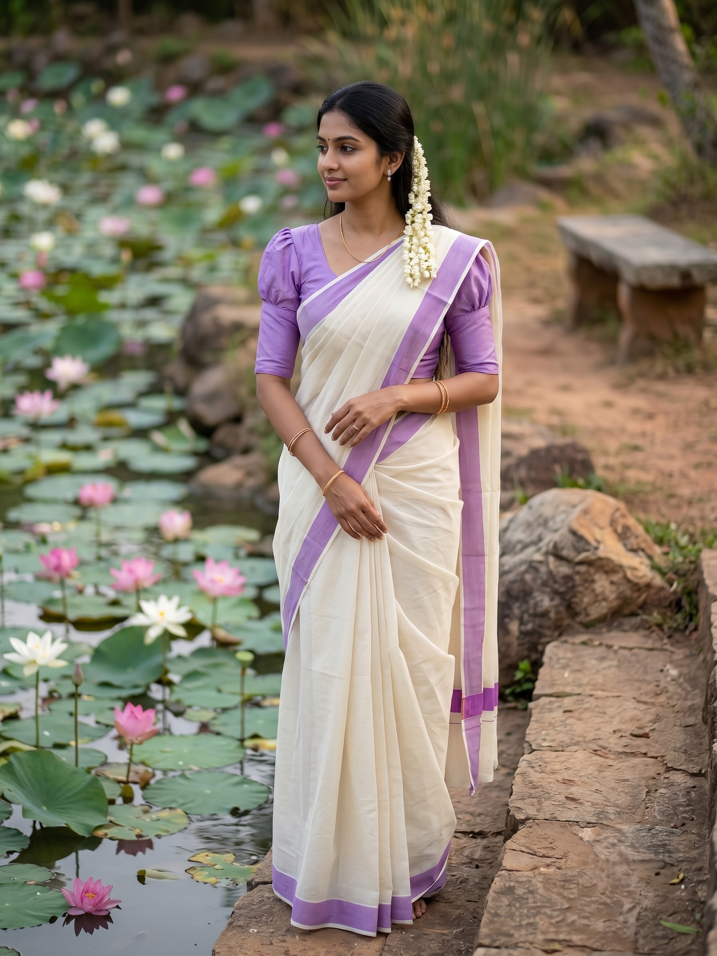 Southloom Pure Cotton Kerala Saree with Lavender Plain Border