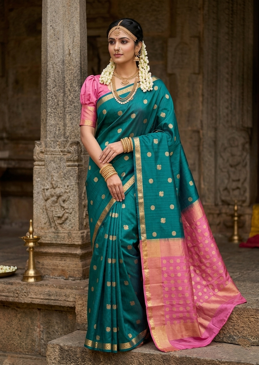 Southloom Pure Handloom Bridal Kanchipuram Silk Saree with Korvai Work (Green & Pink)