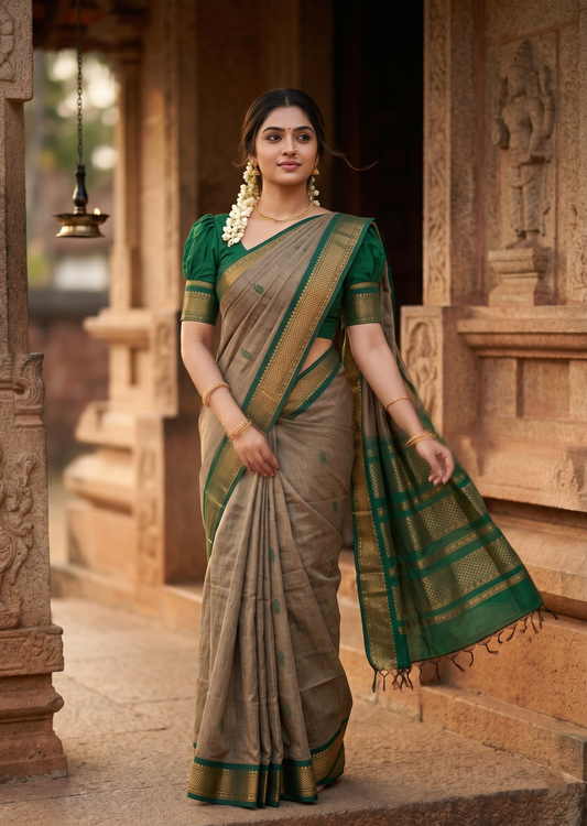 Southloom Kalyani Cotton Saree In Green With Woven Work on the Body and Borders