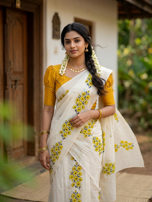 Southloom Pure Cotton Kerala Single Set Mundu (Mundum Neriyathum) with Kanikonna Print 2.80 Mtrs SL285