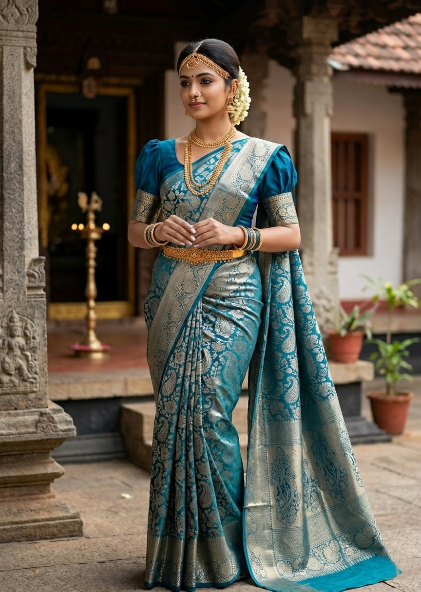 Southloom Premium Handloom Bridal Kanchipuram Silk Saree with Korvai Work (Peacock Green & Blue)