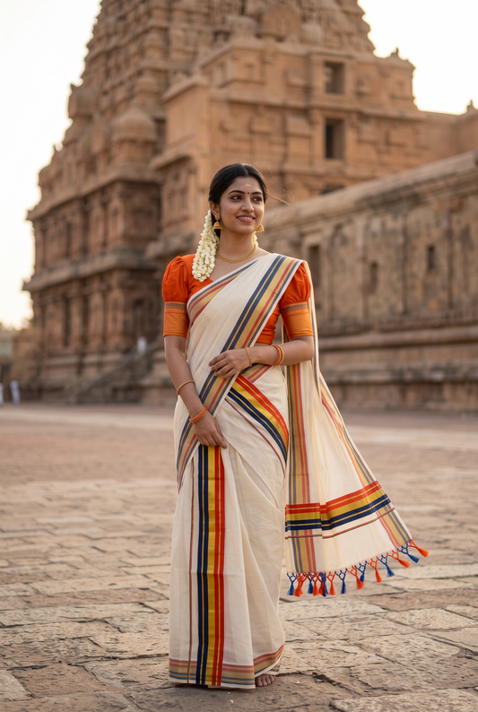 Southloom Kerala Cotton Kasavu Single Set Mundu (Mundum Neriyathum) with Orange with Blue Gold Kasavu Lines .SLKK SL518