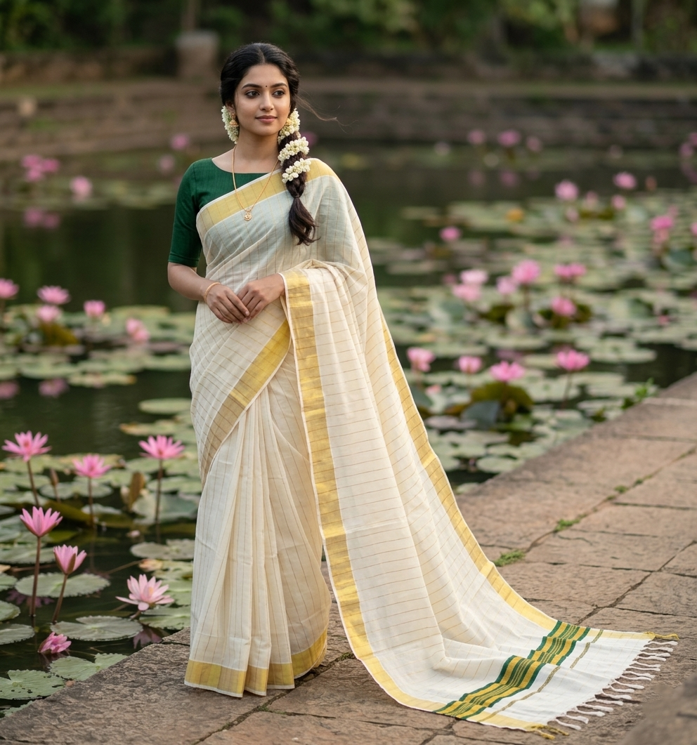 Southloom Kerala Cotton Kasavu Saree with Gold And Green Lines on Body SL331