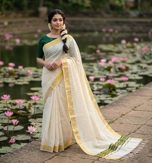 Southloom Kerala Cotton Kasavu Saree with Gold And Green Lines on Body SL331