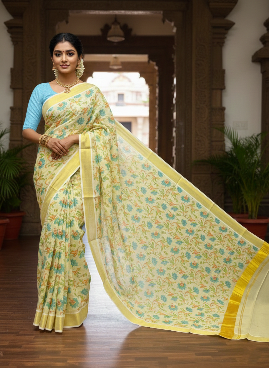 Kerala Tissue Kasavu Saree with Blue Floral Kalamkari Design