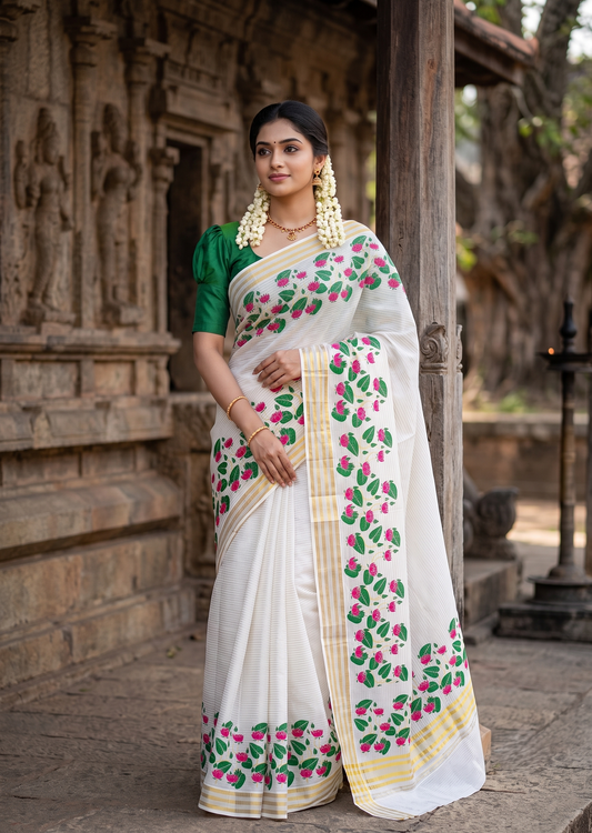 Southloom Kerala Cotton Microstripes Saree with Digital Print Lotus Design SL562