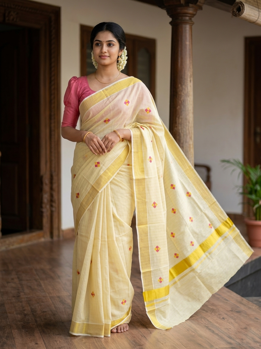 Kerala Tissue Kasavu Stripes Saree with Pink and Gold Embroidery Design on Body