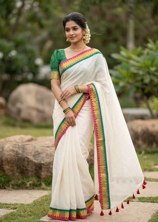 Southloom Mul Cotton 120 x 120 Soft Fabric Saree with Red& Green in Border SL215