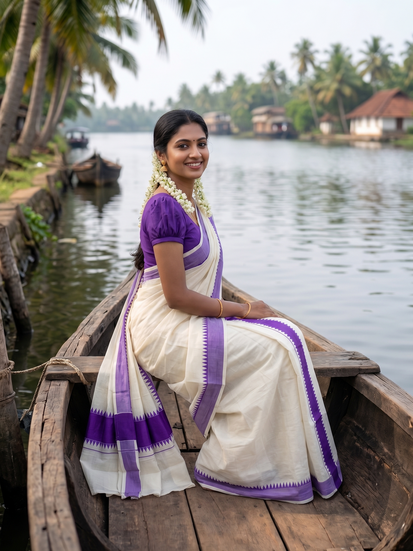 Southloom Kerala Pure Cotton Set Mundu Single (Mundum Neriyathum) with Violet Temple Border 2.80 Mtrs SL500