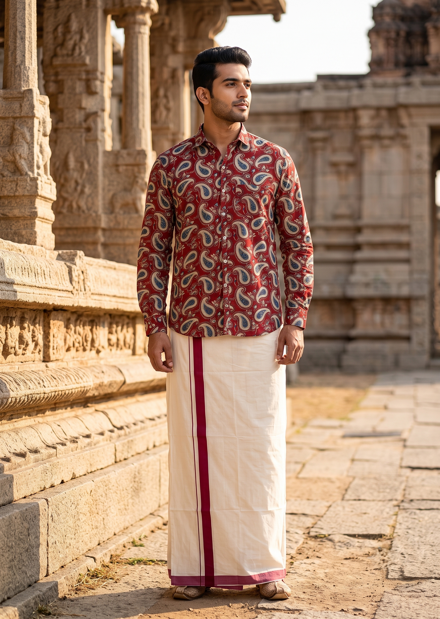 Southloom Cotton Jaipur Printed Men's Combo Full Sleeve (Shirt + Mundu) SLCOMBO SL564