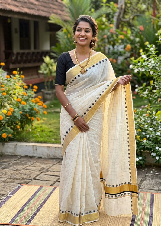 Southloom Kerala Cotton Kasavu Saree With Check Design On Body And Black Polka Dot Design On Borders