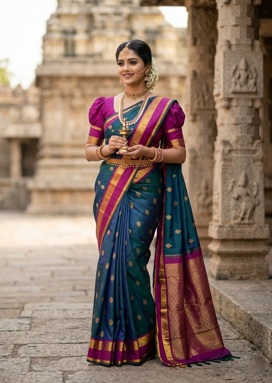 Southloom Premium Bridal Handloom Kanchipuram Silk Saree With Butta Works (Blue)