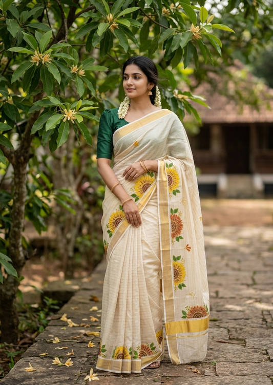 Southloom Kerala Tissue Kasavu Lines Saree with Embroidery Work in Yellow Floral Print