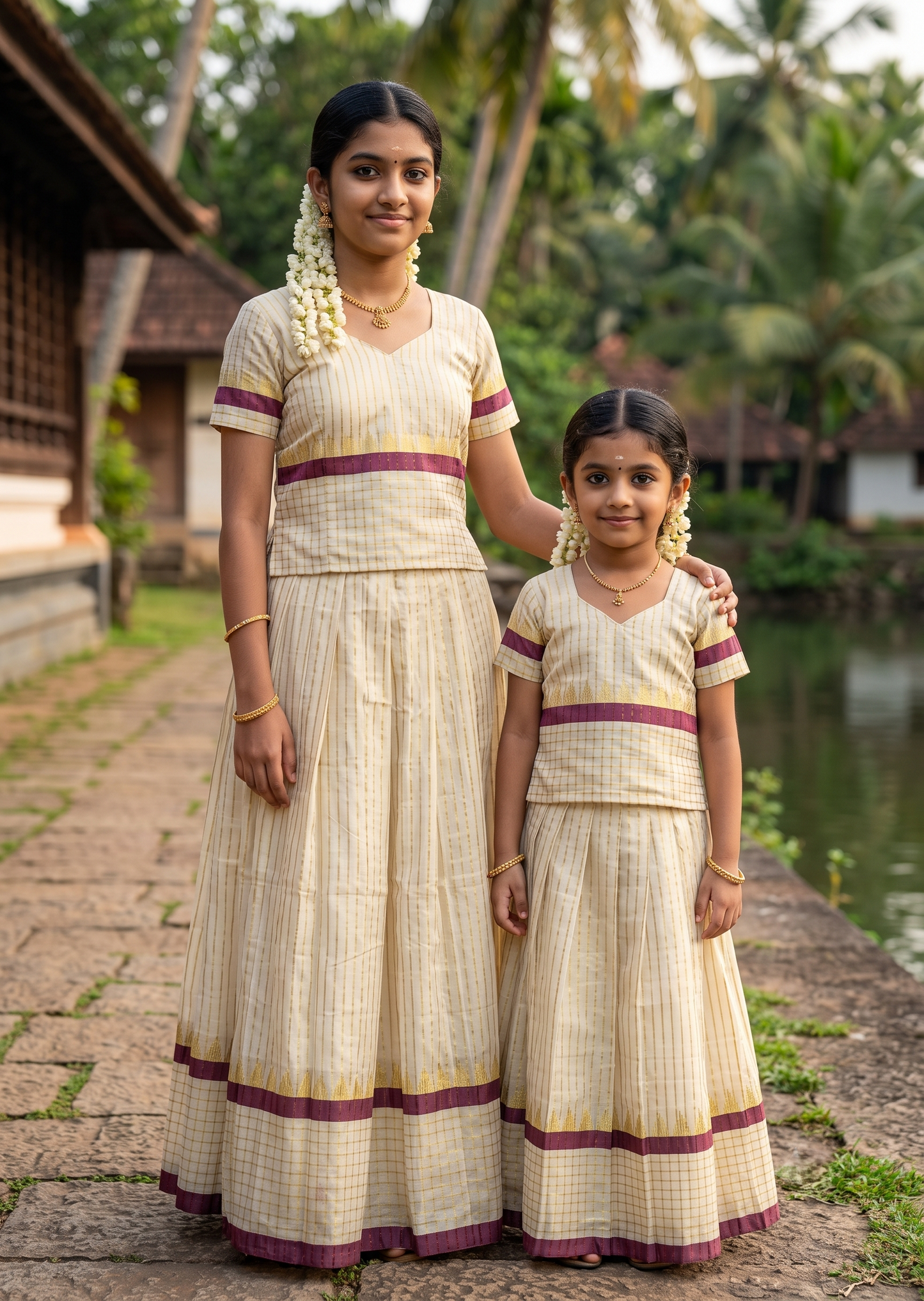 Southloom Kerala Tissue  Kasavu Pavada with Stripes on Body And Blouse In Maroon for Kids