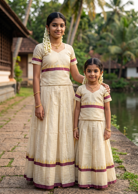 Southloom Kerala Tissue Kasavu Pavada with Stripes on Body And Blouse In Maroon for Kids